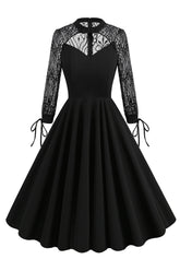 Schwarzes A-Linie Langarmkleid aus den 1950er Jahren mit Spitze